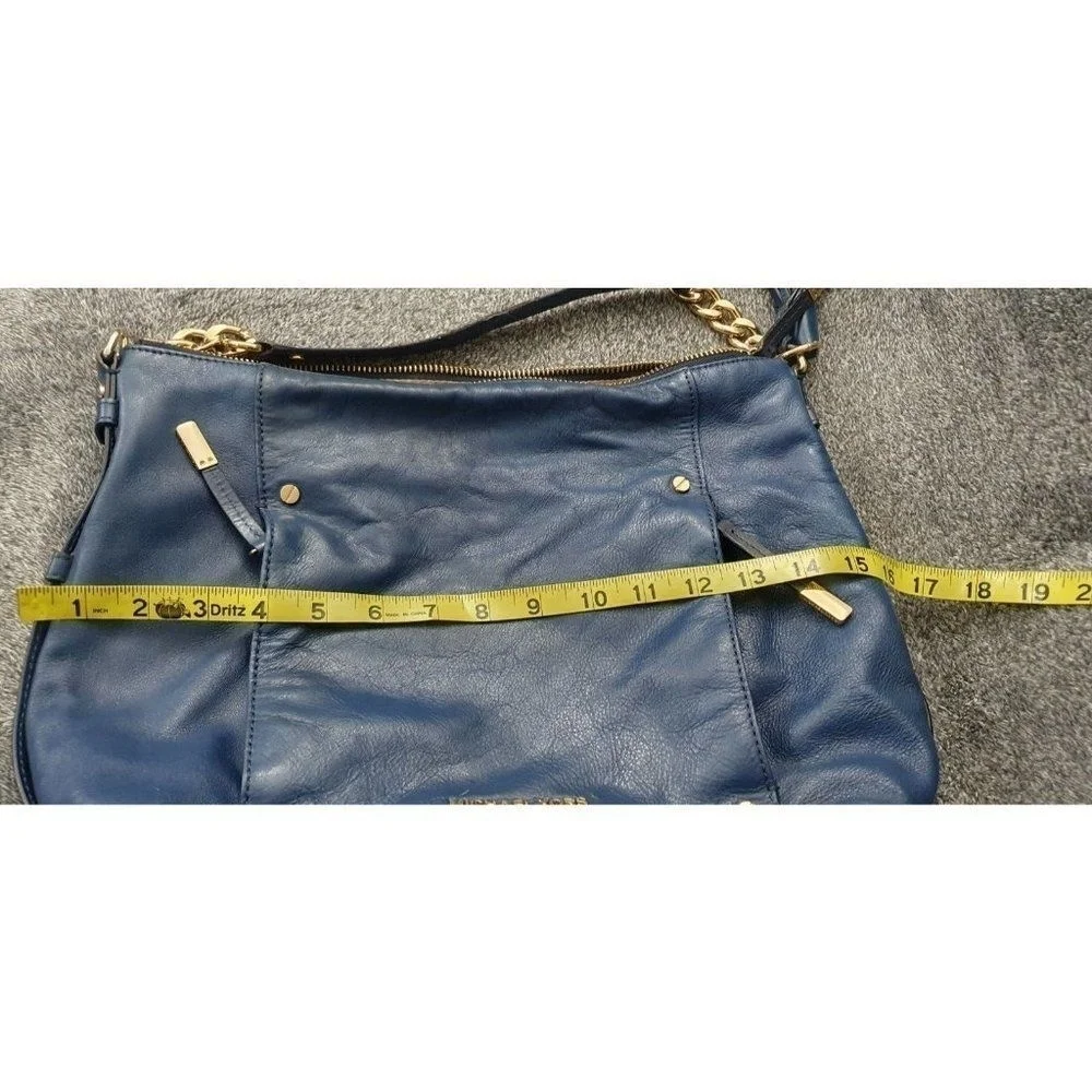 MICHAEL KORS BLUE LEATHER GOLD CHAIN DEVON LARGE SHOULDER TOTE BAG PURSE